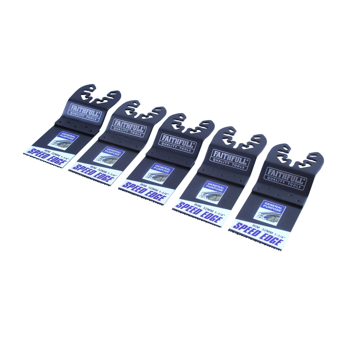 Six Faithfull Quick Change Saw Blades in the Speed Cut 1/4 inch size, arranged in a fan shape on a plain white background. Faithfull Multi-Tool Speed Edge Blade | 32mm (5 Pack)