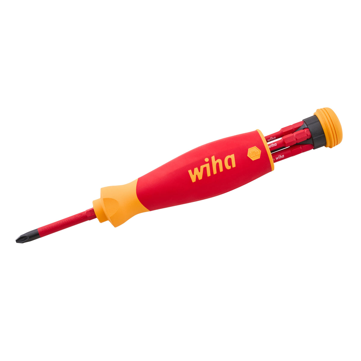 A red and yellow Wiha screwdriver with multiple red and yellow bits visible in its head, shown on a solid white background.
