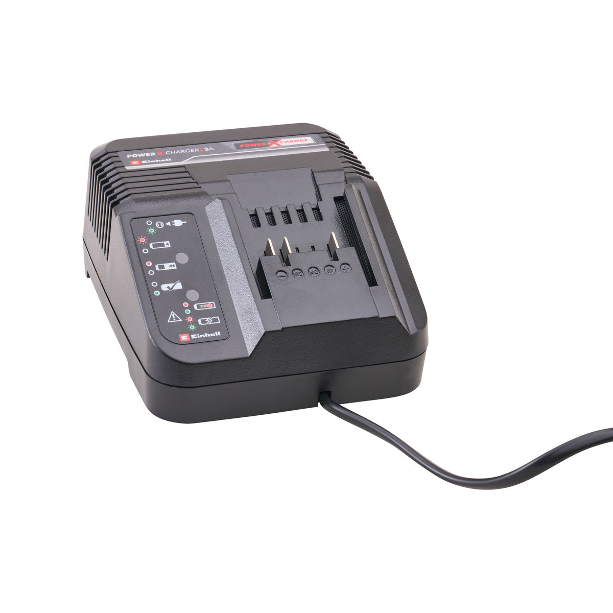 A black Binchull ProMax battery charger 3A with a power cord, shown on a plain white background. Einhell 18V Multi-Tool Kit with a 2.5Ah Li-ion Battery