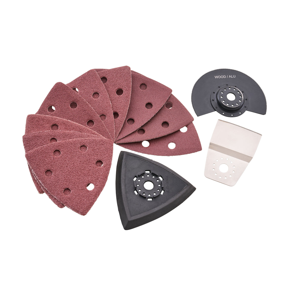 A set of sanding discs and mounting accessories on a white background, including multiple reddish-brown triangular sanding pads, two black mounting plates, and a white metal guard. One sanding disc is printed with the brand name 'WOOD ALU'. Einhell 18V Multi-Tool Kit with a 2.5Ah Li-ion Battery