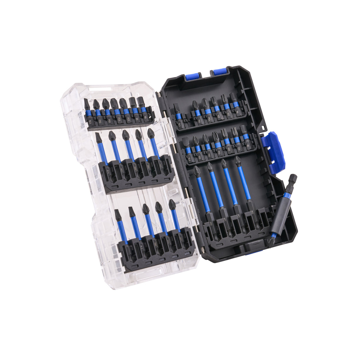 A 36-piece screwdriver bit set in an open black plastic case with a clear lid, featuring blue-handled bits and various bit sizes, isolated on a white background. Faithfull Impact Bit Set | 36 Piece