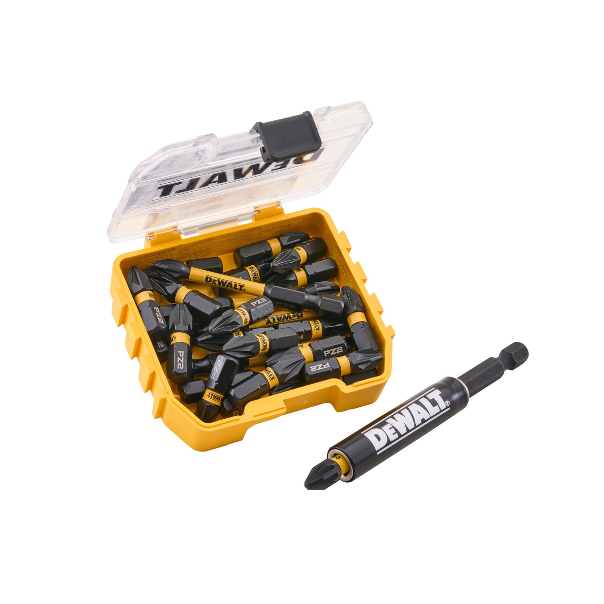 DeWalt PPS hex bits in a yellow and clear plastic storage case, with one bit shown outside the case on a white background.
DeWalt 25 Piece PZ2 25 & 50mm Bit Set with Mag Adaptor