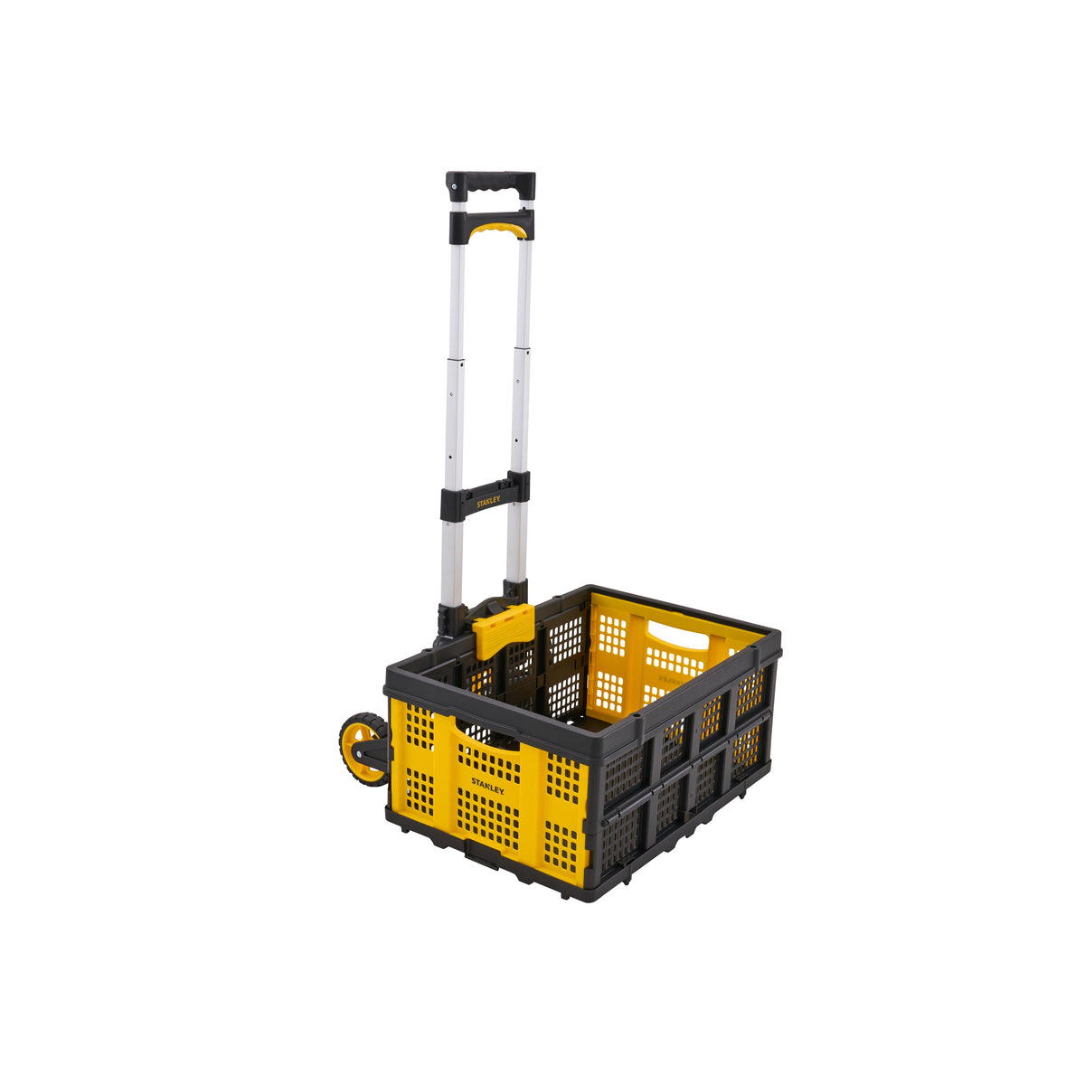 A yellow and black plastic folding utility crate with an integrated telescoping handle and a small caster wheel, shown on a plain white background.