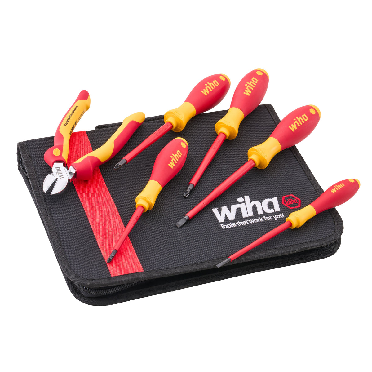 A set of Wiha flathead screwdrivers and wirenips with red and yellow handles, displayed on a black zippered carrying case with the white and red Wiha logo, on a solid white background.
Wiha Electrician's VDE Screwdriver & Plier Set