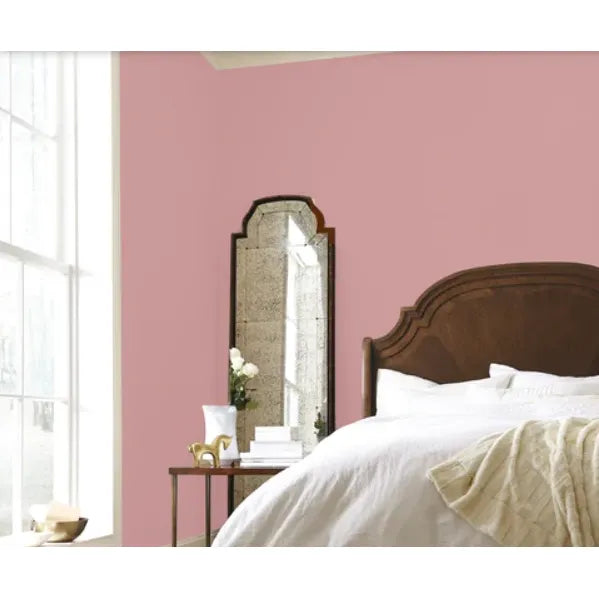 Bedroom with pink wall, wooden headboard, and a decorative mirror. Prestige Betsy Light