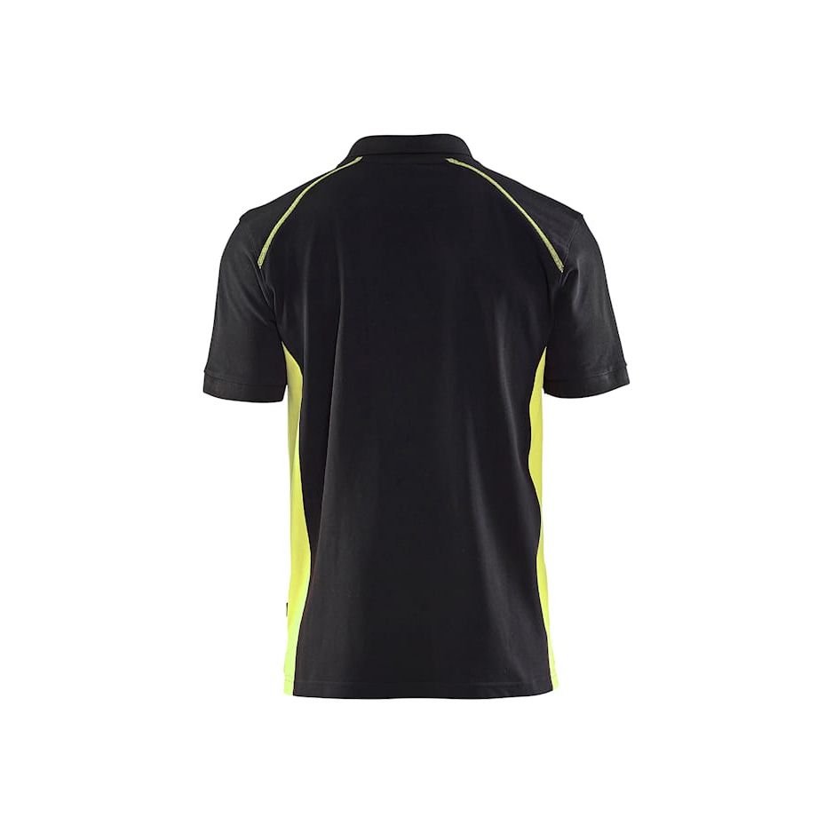 Black short-sleeve polo shirt shown from the back, featuring bright neon yellow side panels and shoulder piping details, set against a plain white background.