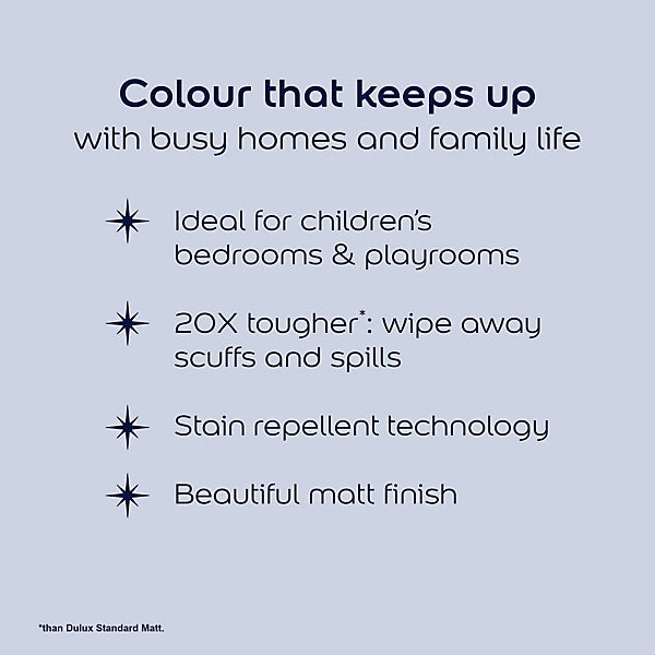 A beige promotional graphic with dark navy text reading 'Colour that keeps up with busy homes and family life' followed by bullet points about suitability for children's bedrooms and playrooms, stain repellent technology, and a beautiful matt finish.