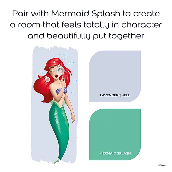A Disney-themed color and character graphic featuring Ariel from The Little Mermaid alongside two color swatches labeled 'LAVENDER SHELL' and 'MERMAID SPLASH,' with text above suggesting pairing with Mermaid Splash for a room that feels totally in character and beautifully put together.