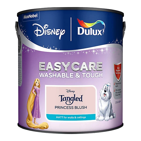 A can of Disney Tangled Princess Blush paint by Dulux, featuring a purple and blue label with illustrations of Rapunzel and Elio.