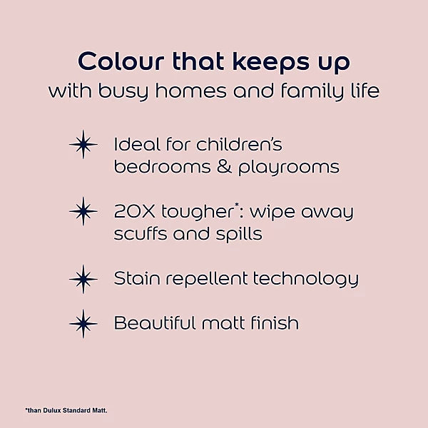 A beige promotional graphic with dark navy text reading 'Colour that keeps up with busy homes and family life' followed by bullet points about suitability for children's bedrooms and playrooms, stain repellent technology, and a beautiful matt finish.