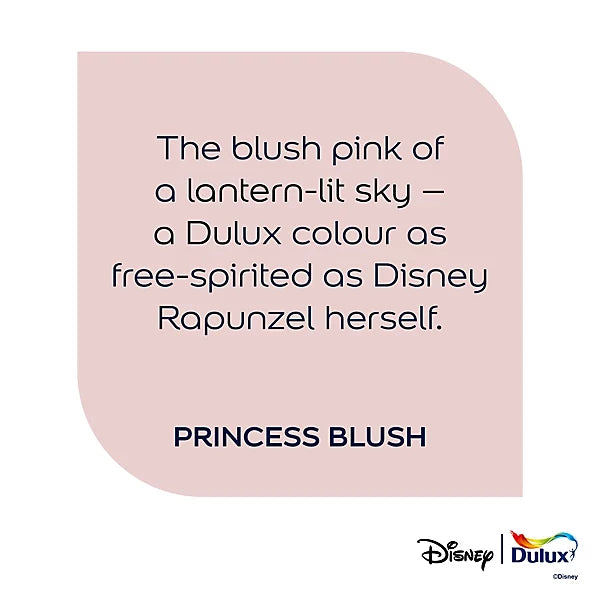 A square graphic with a pale blush pink rounded-corner panel on a white background, containing the quote: 'The blush pink of a lantern-lit sky – a Dulux colour as free-spirited as Disney Rapunzel herself.' and the text 'PRINCESS BLUSH' in dark navy.