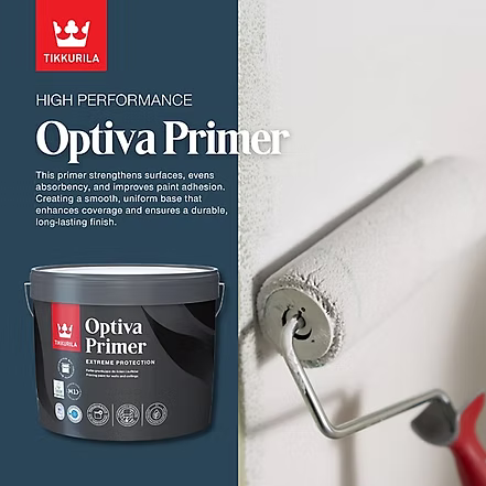 Tikkurila Optiva Primer paint primer product advertisement with a dark blue text panel on the left and a photo of a paint roller applying primer to a white wall on the right.