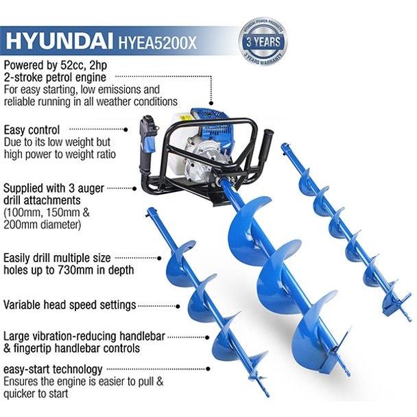 Hyundai 52cc Petrol Earth Auger Borer and Drill