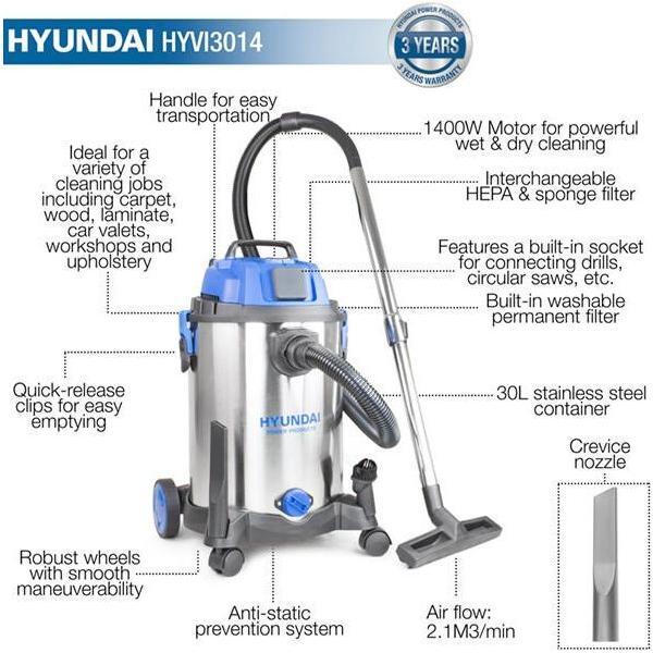 Hyundai 1400W 3-In-1 Wet and Dry HEPA Filtration Electric Vacuum Cleaner | HYVI3014