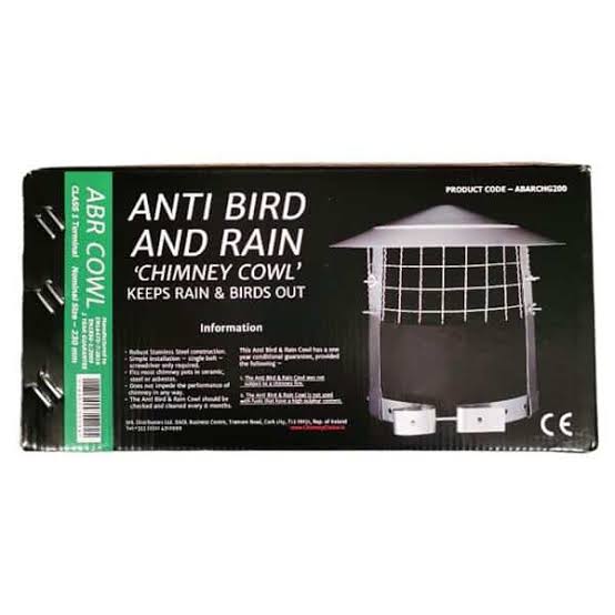Packaged anti bird and rain chimney cowl on a plain white background. The black box features white text, a green vertical strip on the left, and an illustration of the silver and white chimney cowl on the right side.