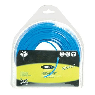 Blue DuraFlex garden hose coiled inside a clear plastic blister pack with a black and yellow Ama brand label. Ama Professional Heavy Duty DuraFlex Cord - Square
