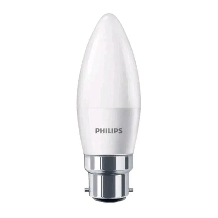 A Philips flame-shaped LED candle bulb with a silver bayonet base, shown against a plain white background.
