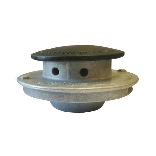 A metal automotive or machinery component, likely a valve stem seal assembly or similar mechanical part, featuring a circular flange, two side holes, and a dark rubber top cap, shown on a plain white background.
Ama Scorpion Strimmer Head – Universal Fitting | Alloy
