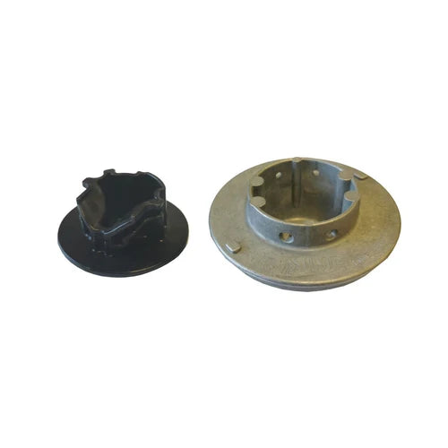 A black plastic circular mounting piece shown next to a metallic silver circular hub or bracket on a plain white
Ama Scorpion Strimmer Head – Universal Fitting | Alloybackground.