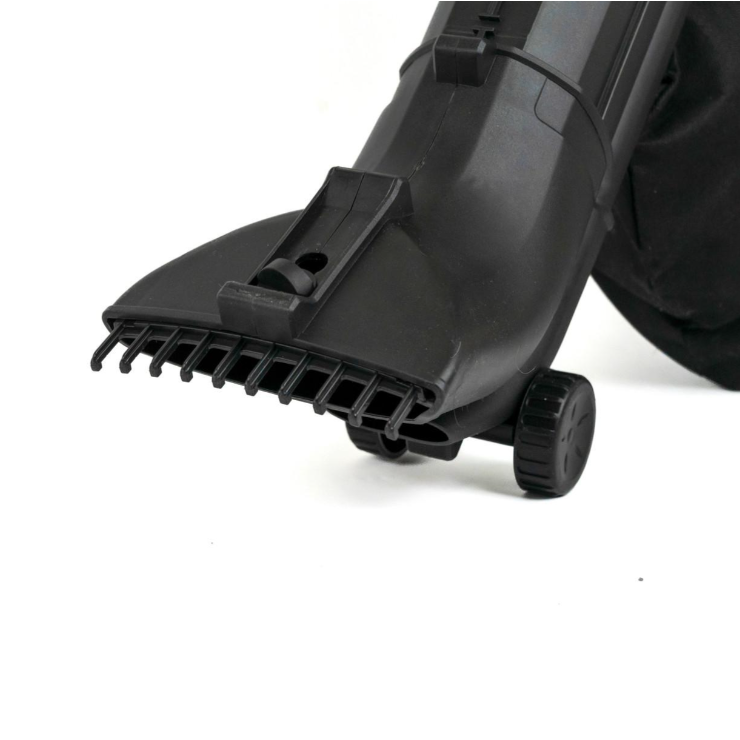 Close-up of a black plastic vacuum cleaner attachment head with a small wheel and teeth-like edge, shown on a white background.
Hyundai 3000w 3-in-1 Leaf Blower, Vacuum & Shredder | 45L Bag