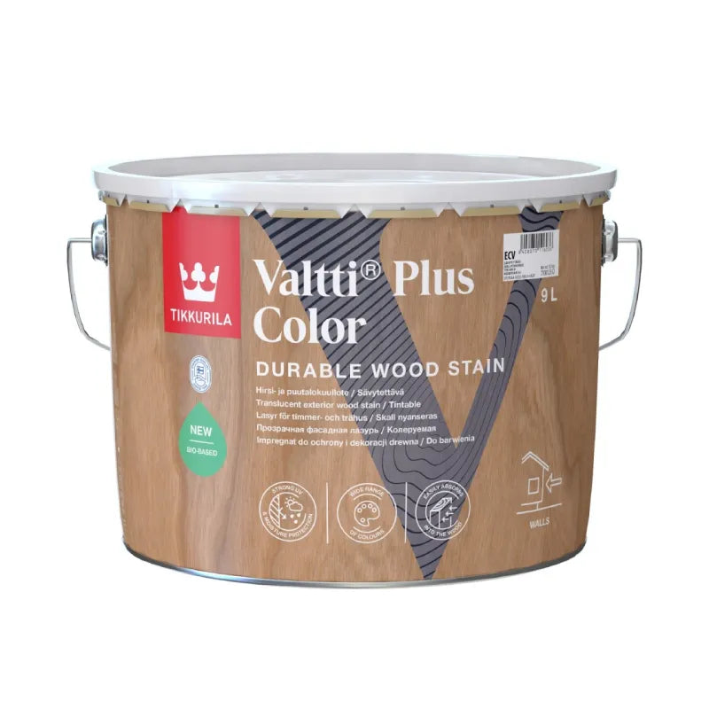 Tikkurila Valtti Plus Colour durable wood stain container on a white background.
A can of Tikkurila Valtti Plus Colour durable wood stain, featuring a label with a wood-grain pattern and a red brand logo block on a white
background. Tikkurila Valtti Plus Colour - Woodstain in Matt Finish 10L