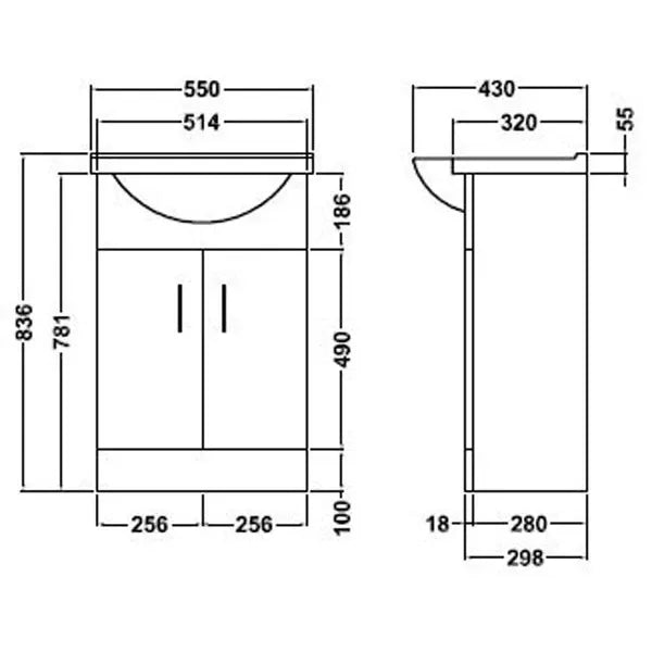 Technical drawing of a bathroom vanity with dimensions