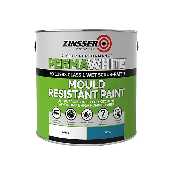 A can of Zinsser PermaWhite Mould Resistant Paint in White Satin, featuring a white and green label with product details and icons, set against a plain white background.