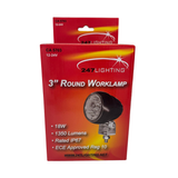 A red retail box for a 247 Lighting 3-inch round work lamp, shown against a plain white background. The packaging features a black and silver graphic of the lamp and lists product specifications including 18W, 1350 Lumens, and IP67 rating.
247 Lighting LED Round Work Lamp | 18W | 83mm | 12-24V
