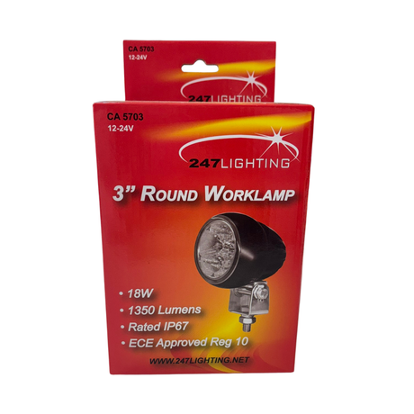 A red retail box for a 247 Lighting 3-inch round work lamp, shown against a plain white background. The packaging features a black and silver graphic of the lamp and lists product specifications including 18W, 1350 Lumens, and IP67 rating.
247 Lighting LED Round Work Lamp | 18W | 83mm | 12-24V