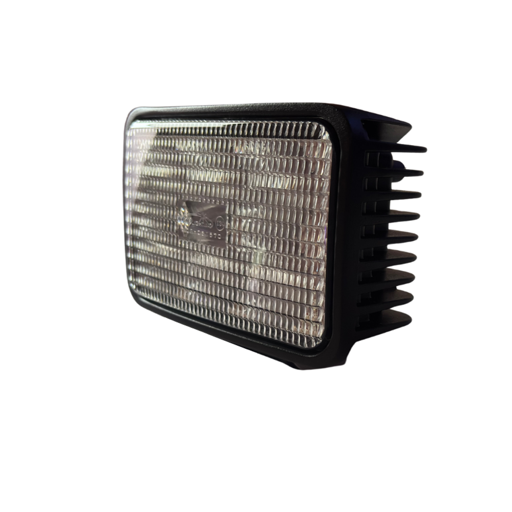 A rectangular automotive light fixture with a black housing, ribbed clear lens, and a black finned side mount, shown on a plain white background.
247 Lighting LED Rectangular Work Lamp | 6 Inch | 18W | 12-24V