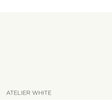 A flat color swatch labeled 'ATELIER WHITE' in dark gray text at the bottom left, showing a very light warm off-white color.
