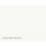 A flat color swatch labeled 'ATELIER WHITE' in dark gray text at the bottom left, showing a very light warm off-white color.