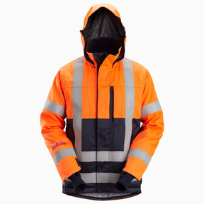 Orange and black safety jacket with reflective stripes on a white background. Snickers 1164 ProtecWork, Insulated Hood Jacket, High-Vis Class 3 | Oranage/Navy Blue