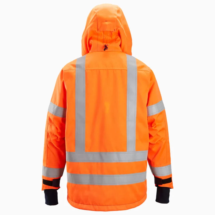 Bright orange high-visibility hooded jacket shown from the back, featuring reflective silver stripes and black cuffs, photographed on a plain light gray background. Snickers 1164 ProtecWork, Insulated Hood Jacket, High-Vis Class 3 | Oranage/Navy Blue