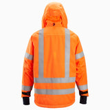 Bright orange high-visibility hooded jacket shown from the back, featuring reflective silver stripes and black cuffs, photographed on a plain light gray background. Snickers 1164 ProtecWork, Insulated Hood Jacket, High-Vis Class 3 | Oranage/Navy Blue