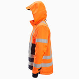 An orange high-visibility hooded jacket with reflective silver stripes, shown in a side profile view against a plain white background. Snickers 1164 ProtecWork, Insulated Hood Jacket, High-Vis Class 3 | Oranage/Navy Blue