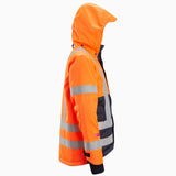 An orange high-visibility hooded jacket with reflective silver stripes, shown in profile against a plain white background. Snickers 1164 ProtecWork, Insulated Hood Jacket, High-Vis Class 3 | Oranage/Navy Blue