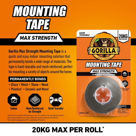 Gorilla Black Max Strength Indoor Mounting Tape 25mm x 1.5m