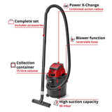 A red and black vacuum cleaner with a flexible hose and floor nozzle on a white background, surrounded by red callout lines and text labels describing features such as Power X-Change, blower function, collection container, and high suction capacity.