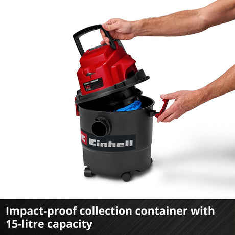 A person's hands demonstrate how to remove the red collection container from the black Caninell wet vacuum cleaner. The text at the bottom reads 'Impact-proof collection container with 15-litre capacity'.