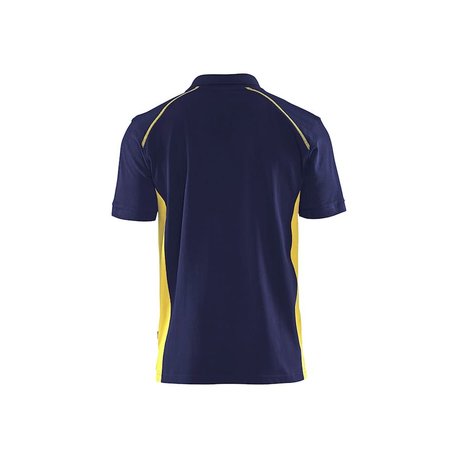 Navy blue polo shirt with yellow accents on a white background