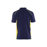 Navy blue polo shirt with yellow accents on a white background