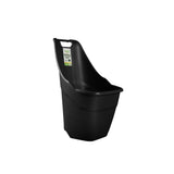A black plastic rolling bin with a handle on a white background, featuring a small green and white 'Rolling Bin' product tag attached to the handle.