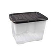 A clear plastic storage bin with a black lid, shown on a plain white background.