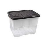A clear plastic storage bin with a black lid, shown on a plain white background.