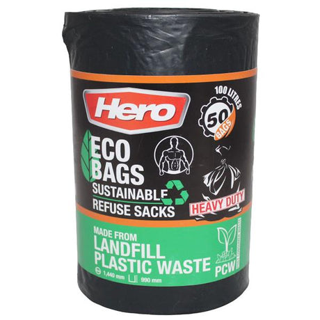 Hero Extra Strong Eco Black Bin Bags | 50 Pack