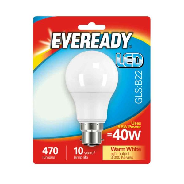 Eveready 5.5W LED Frosted GLS B22 Lightbulb | Warm White