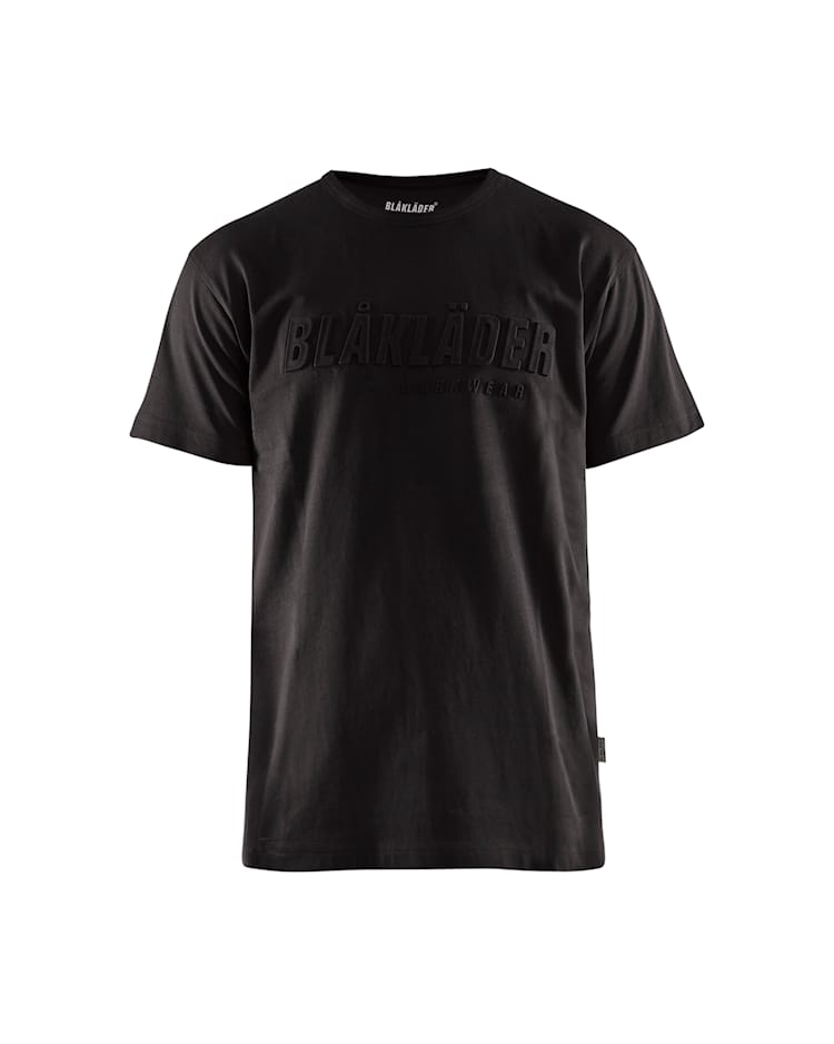A black short-sleeve crewneck t-shirt with a tonal black embossed 'SHARKLÜDER' logo across the chest, shown on a plain white background.
