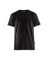 A black short-sleeve crewneck t-shirt with a tonal black embossed 'SHARKLÜDER' logo across the chest, shown on a plain white background.