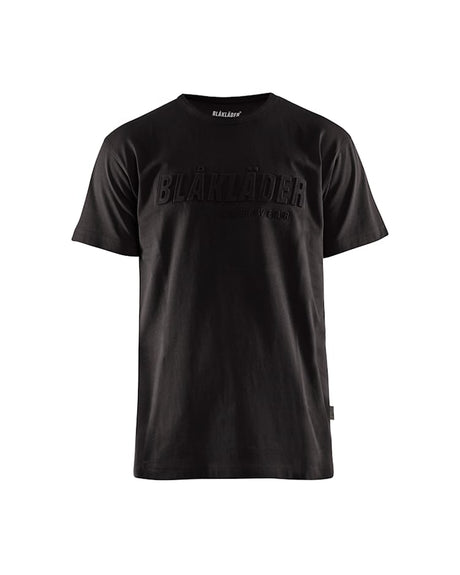 A black short-sleeve crewneck t-shirt with a tonal black embossed 'SHARKLÜDER' logo across the chest, shown on a plain white background.